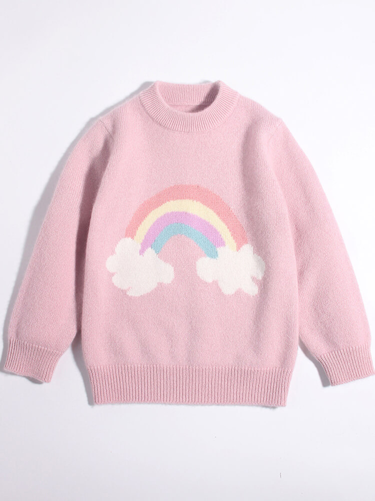 Kids Soft Pink Rainbow and Clouds Knit Pullover Cashmere Sweater